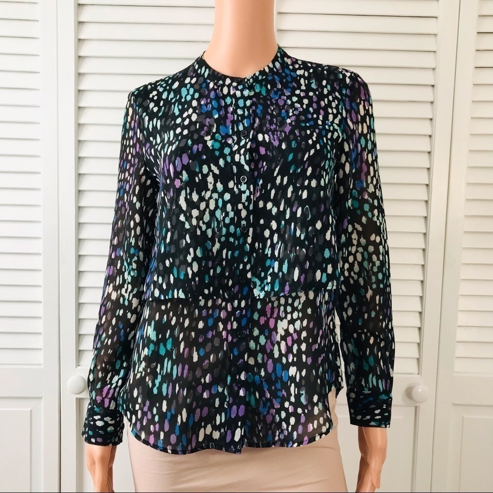 BANANA REPUBLIC Black Printed Sheer Button Down Blouse Size Petite Extra Small